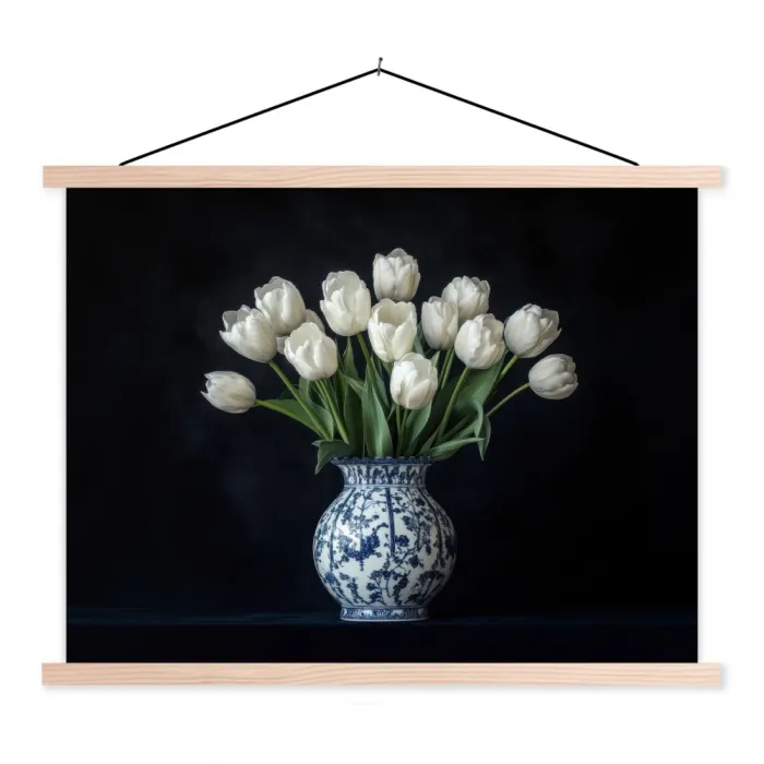 Wit - Bloemen - Tulpen - Vaas textielposter latten blank klein -3d