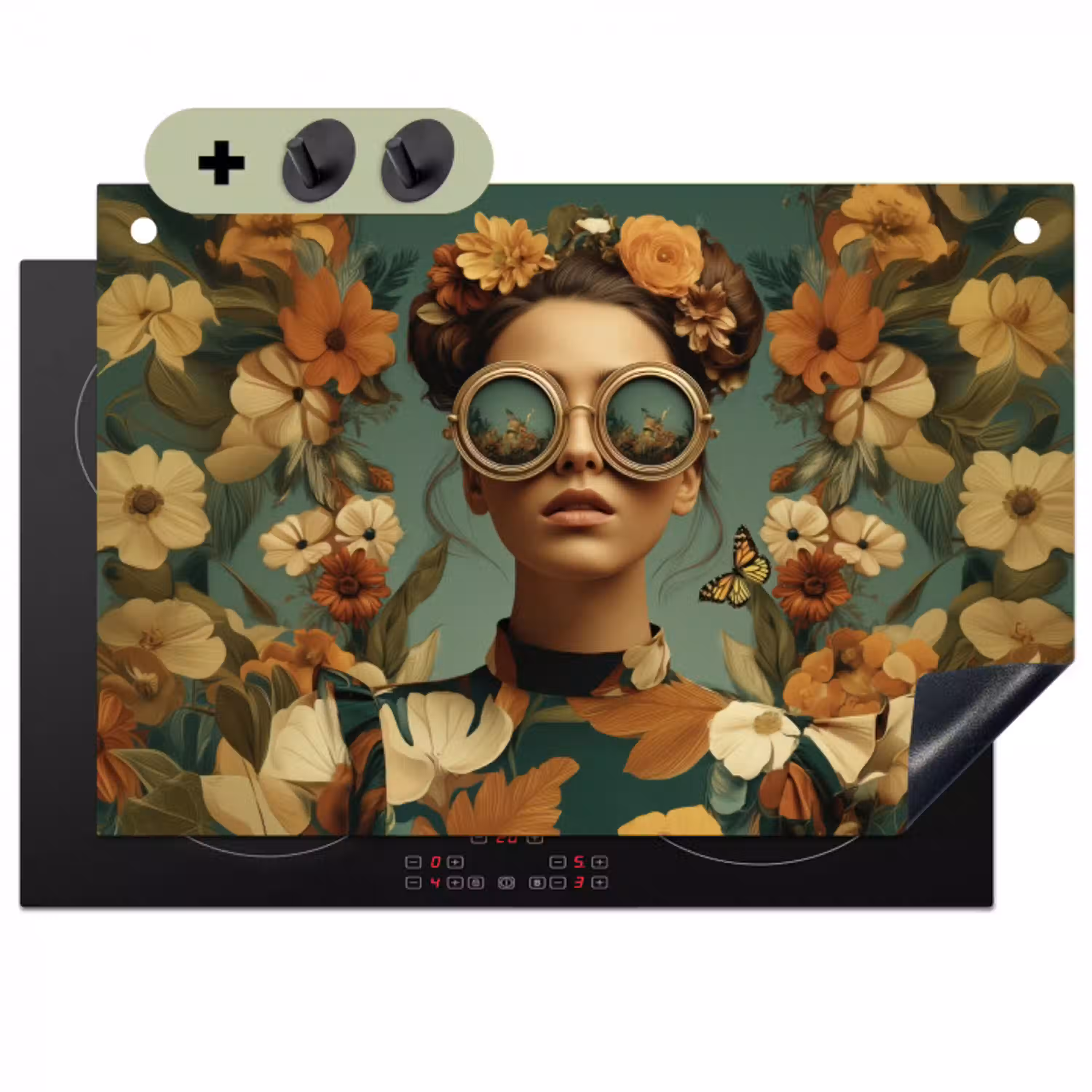 Bloemenkrans - Vrouwengezicht - Zonnebril - Oranje Inductie beschemer met haakjes klein -3d