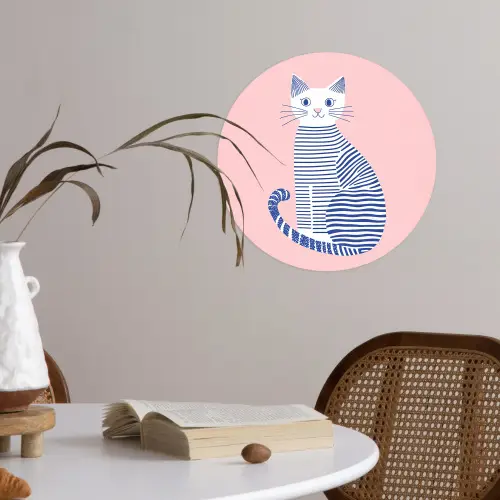Kat - Illustratie - Minimalistisch - Roze Wandcirkel behangsticker klein -sfeer3
