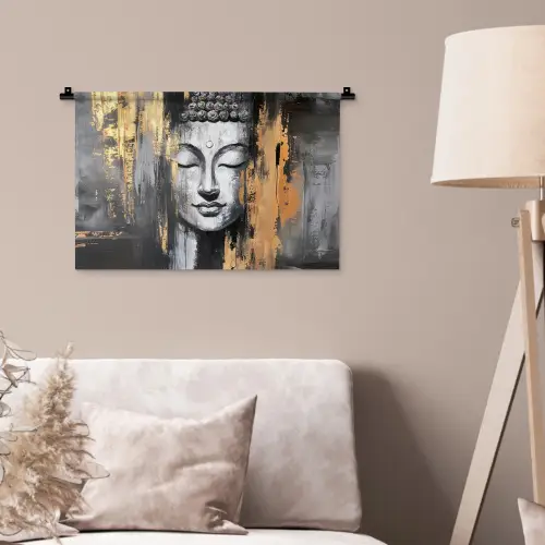 Boedhha - Penseelstreken - Goud - Abstract Wandkleed katoen klein -sfeer4