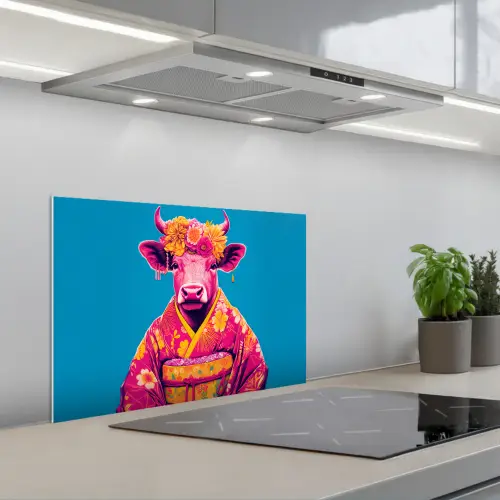 Koe - Bloemenkrans - Oorhangers - Kimono keuken achterwand spatscherm klein -3d_schuin