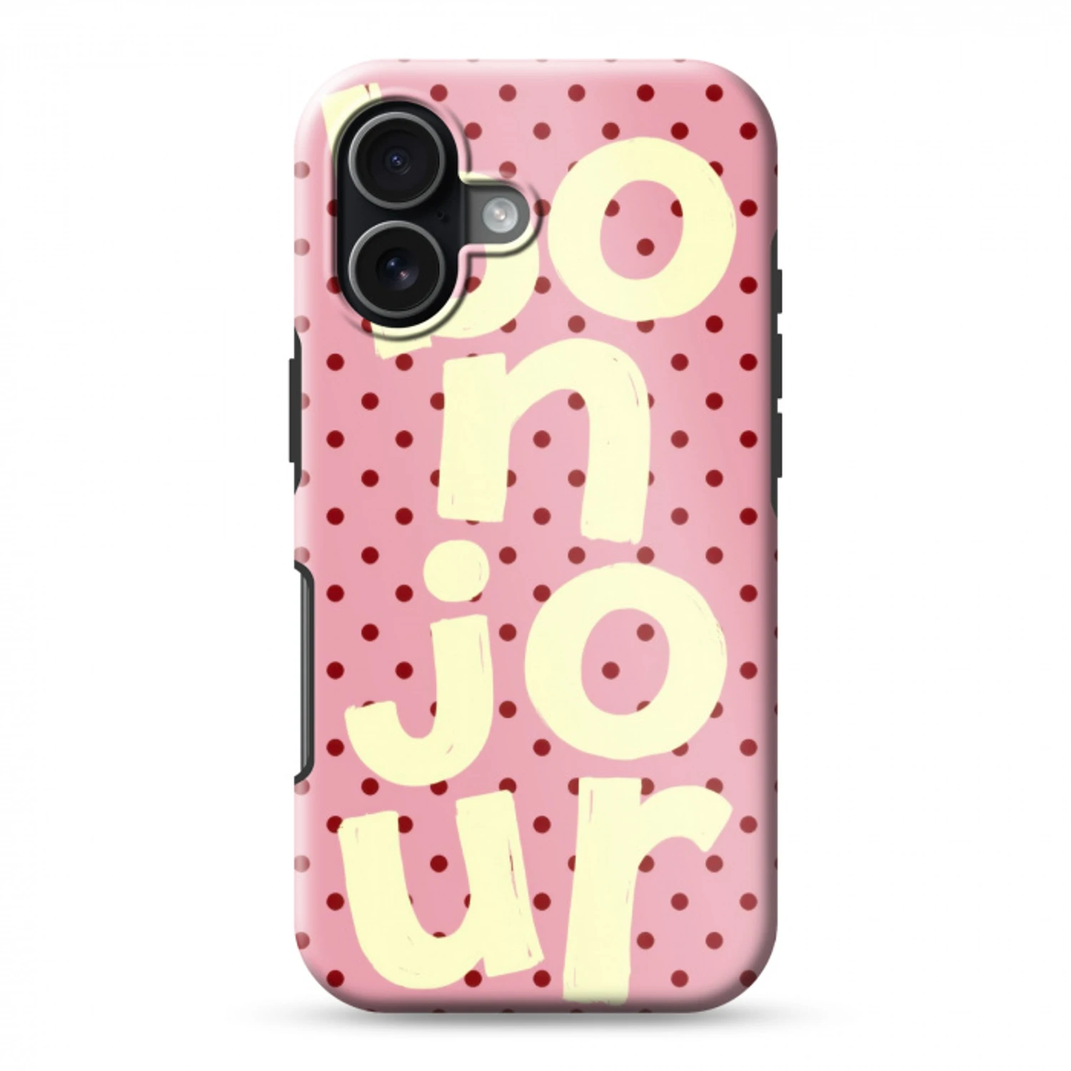 Bonjour - Stippen - Roze- Geel Toughcase MagSafe Apple iPhone 17 klein -3d