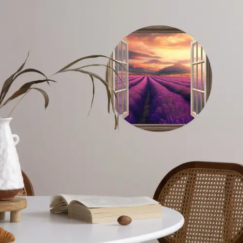 Doorkijk - Lavendel - Landschap - Bloemen - Paars Wandcirkel behangsticker klein -sfeer3