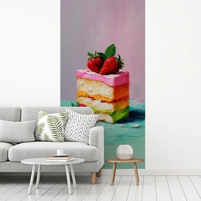 Taartje - Aardbeien - Glazuur - Kleurrijk fotobehang vinyl groot -woonkamer