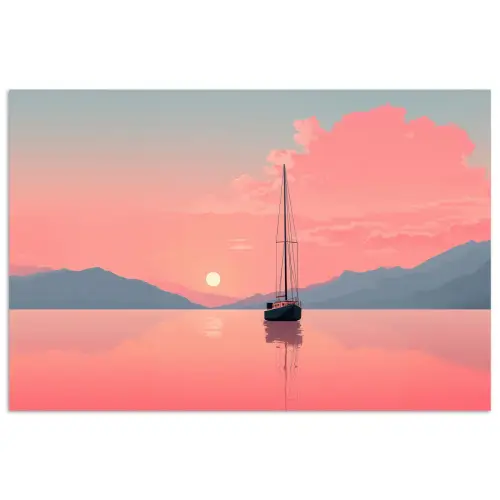 Zeilboot - Roze zee - Zonsondergang - Bergen poster papier klein -3d