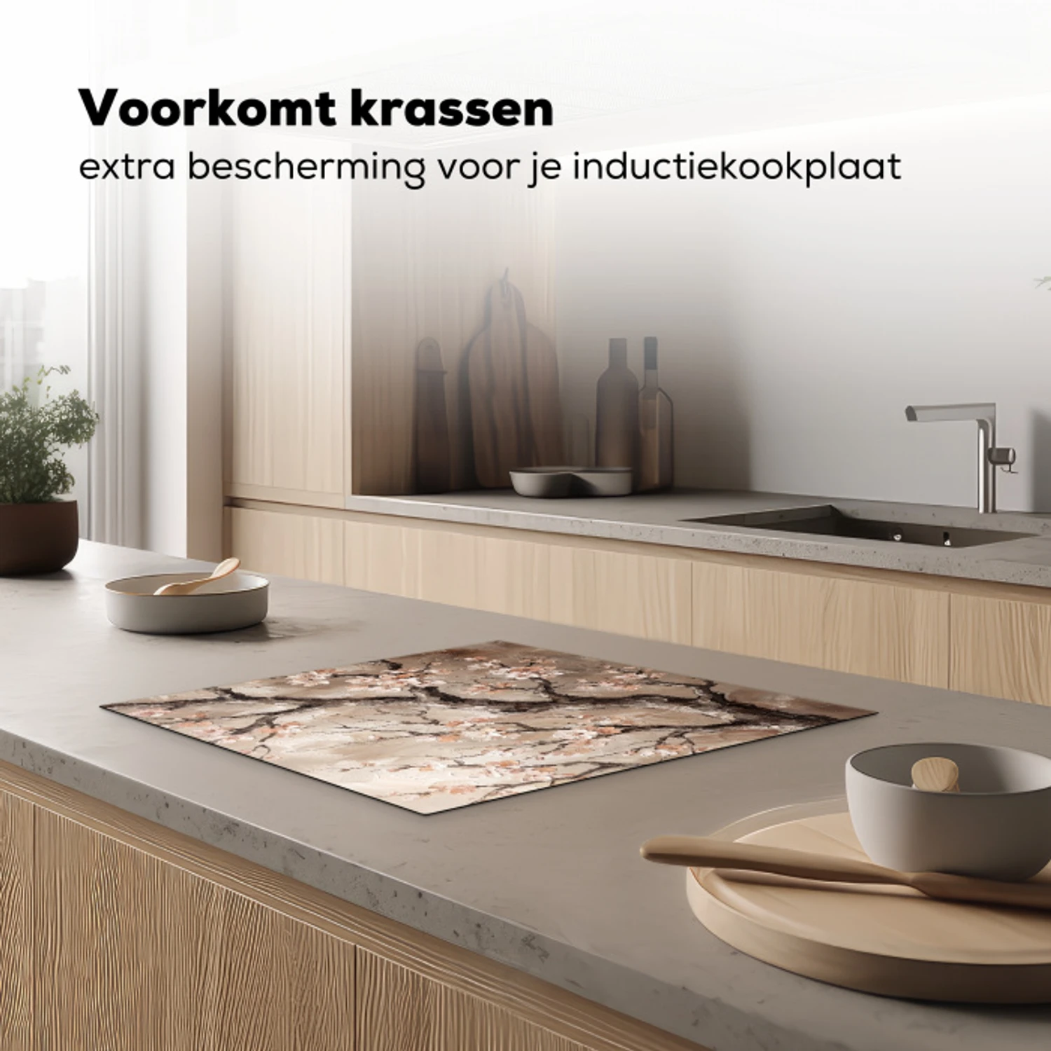 Bloesem - Takken - Schilderij - Beige - Serene Inductie beschermer vinyl 3mm middel -sfeer1