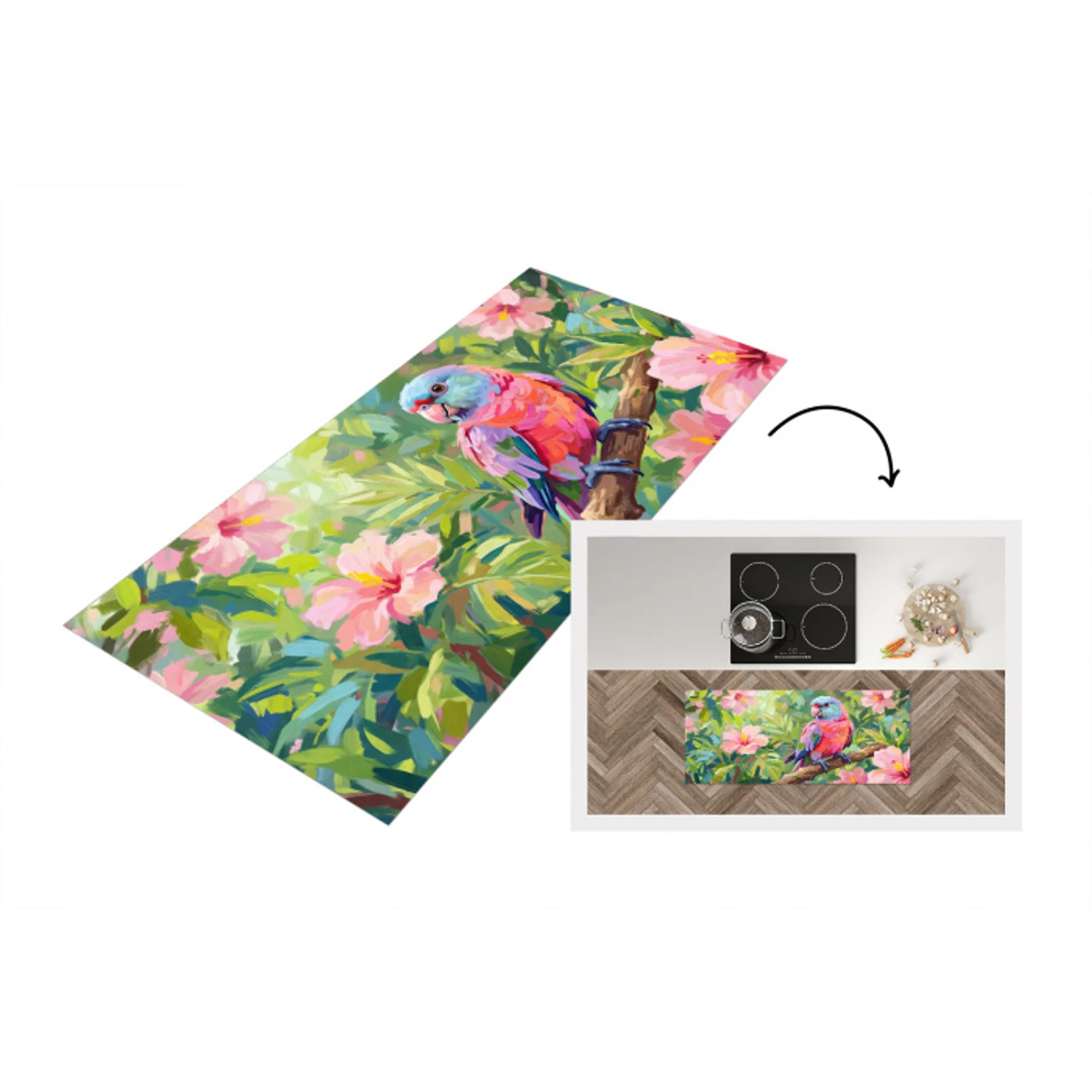 Papagaai - Hibiscusbloemen - Kleurrijk Keukenloper - keukenmat middel -3d