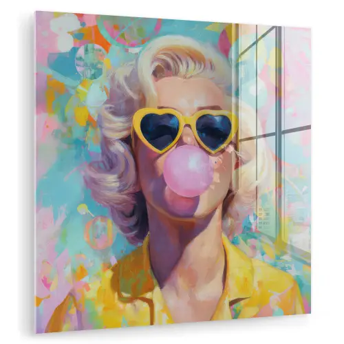 Vrouw - Blond - Roze kauwgom - Kleurrijk - Pastel plexiglas 5mm klein -zzzproduct_nieuw