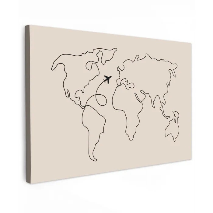 Wereldkaart - Simpel - Vliegtuig Tuinposter op houten frame 2 cm dik klein -3d