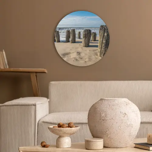 Zand - Strand - Paal - Water - Zomer Akoestische PET Vilt - Rond klein -sfeer1