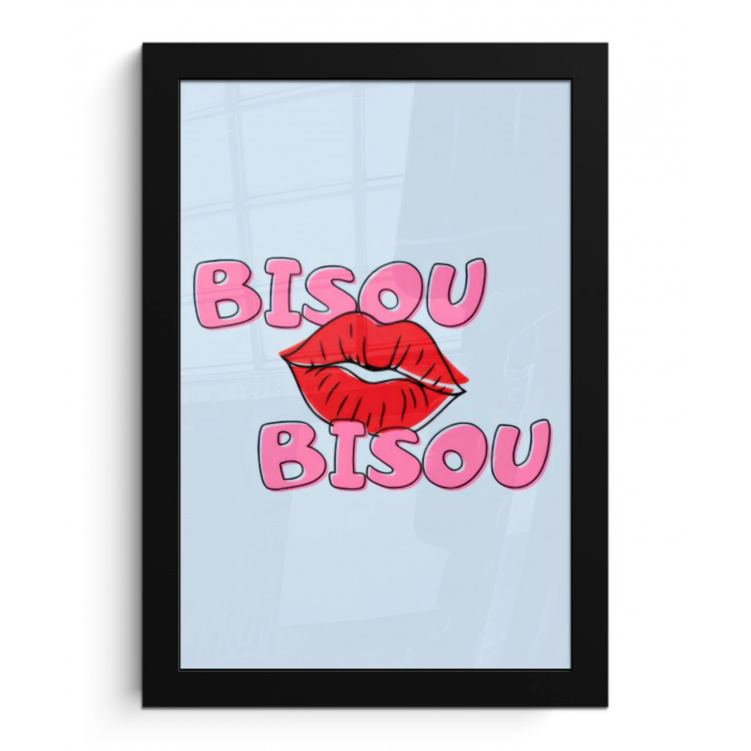 Bisou - Blauw - Roze - Lippen fotolijst zwart zonder passe partout klein -3d
