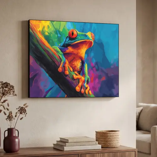 Kikker - Felgekleurd - Tak - Regenboog Textielframe zwart klein -sfeer3