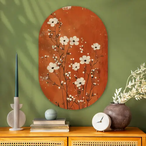 Bloemen - Wit - Subtiel - Roestkleur Wandcirkel Ovaal Glas middel -sfeer2