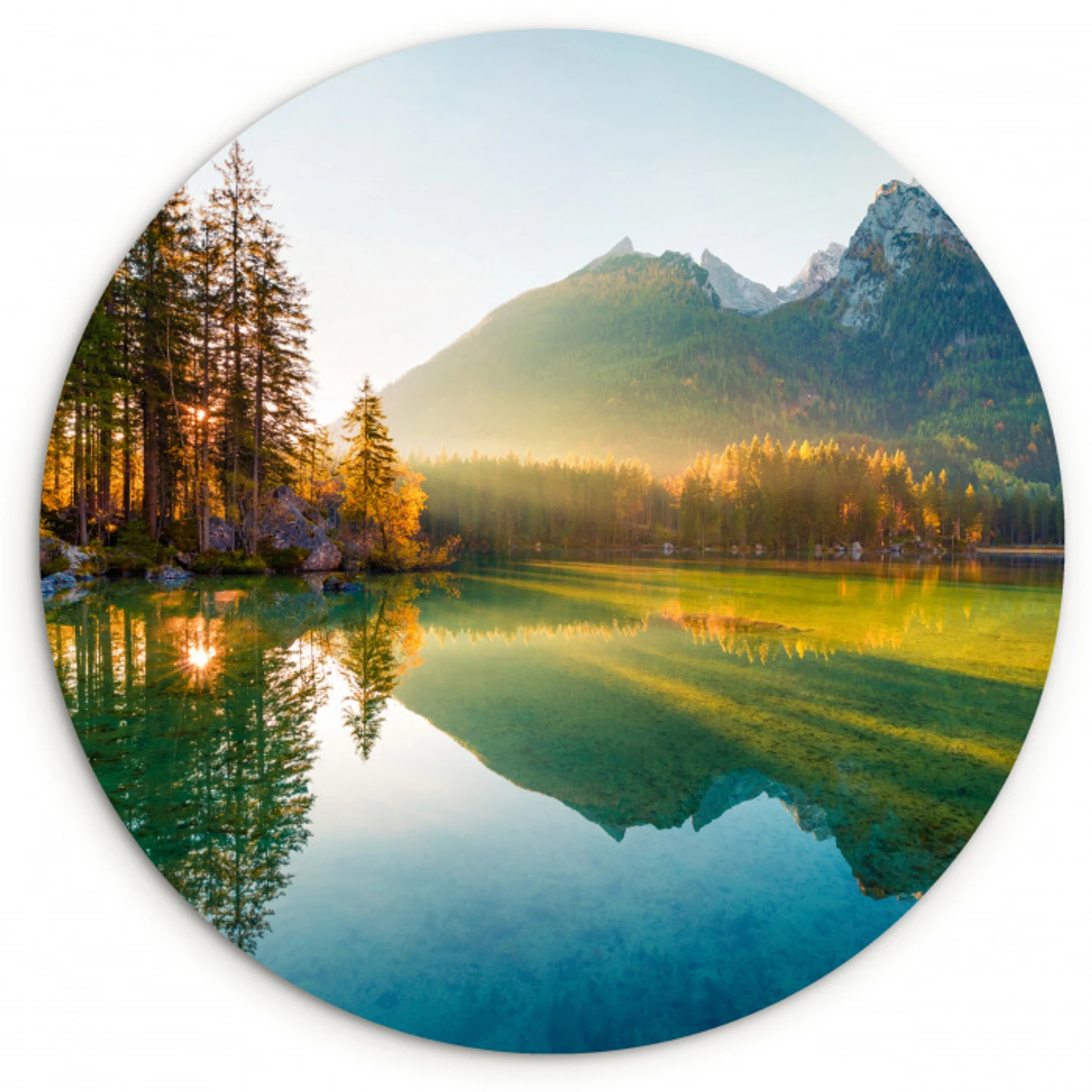 Meer - Bos - Bergen - Natuur - Zon - Landschap Wandcirkel kunststof plaat 5mm dik klein -3d