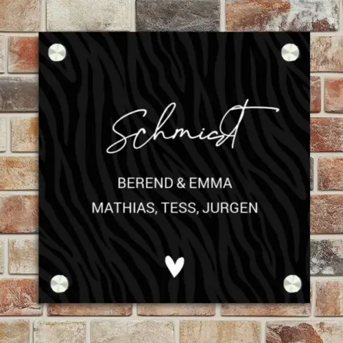 Zwart zebraprint - Sierlijk Naambord Vierkant klein -sfeer2
