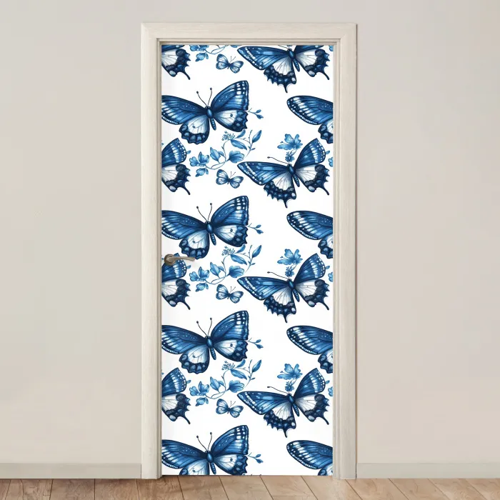 Blauw - Vlinders - Bloemen - Wit deurposter klein 289 -3d_beige