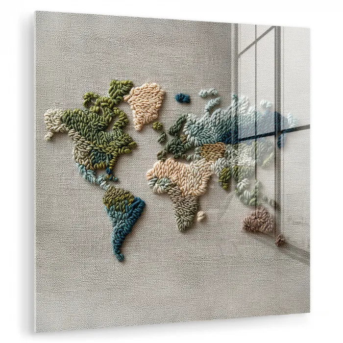 Wereldkaart - Geborduurd - Aardetinten plexiglas 5mm klein -zzzproduct_nieuw