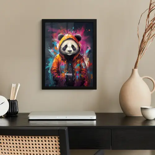 Panda met oranje jas en verfspetters fotolijst zwart zonder passe partout klein -sfeer1