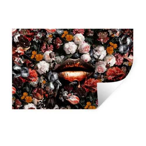 Lippen - Bloemen - Verf - Oranje - Kunst - Abstract - Oude meesters Muursticker klein -3d