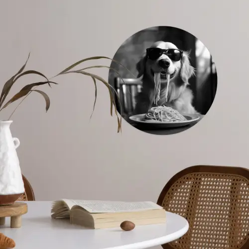Golden Retriever - Hond - Vrolijk -  Bord spaghetti - Zwart - wit Wandcirkel behangsticker klein -sfeer3