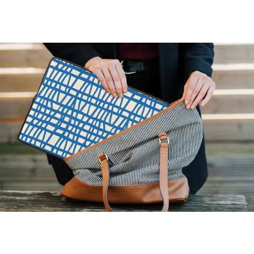 Ruitpatroon - Blauw - Crème laptophoes neopreen klein 279 -tas