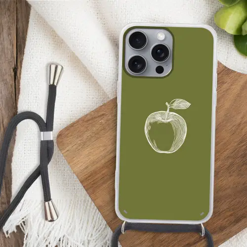 Lijntekening - Appel - Olijfgroen - Blaadje Hoesje iPhone 16 Pro Max met koord klein -sfeer4