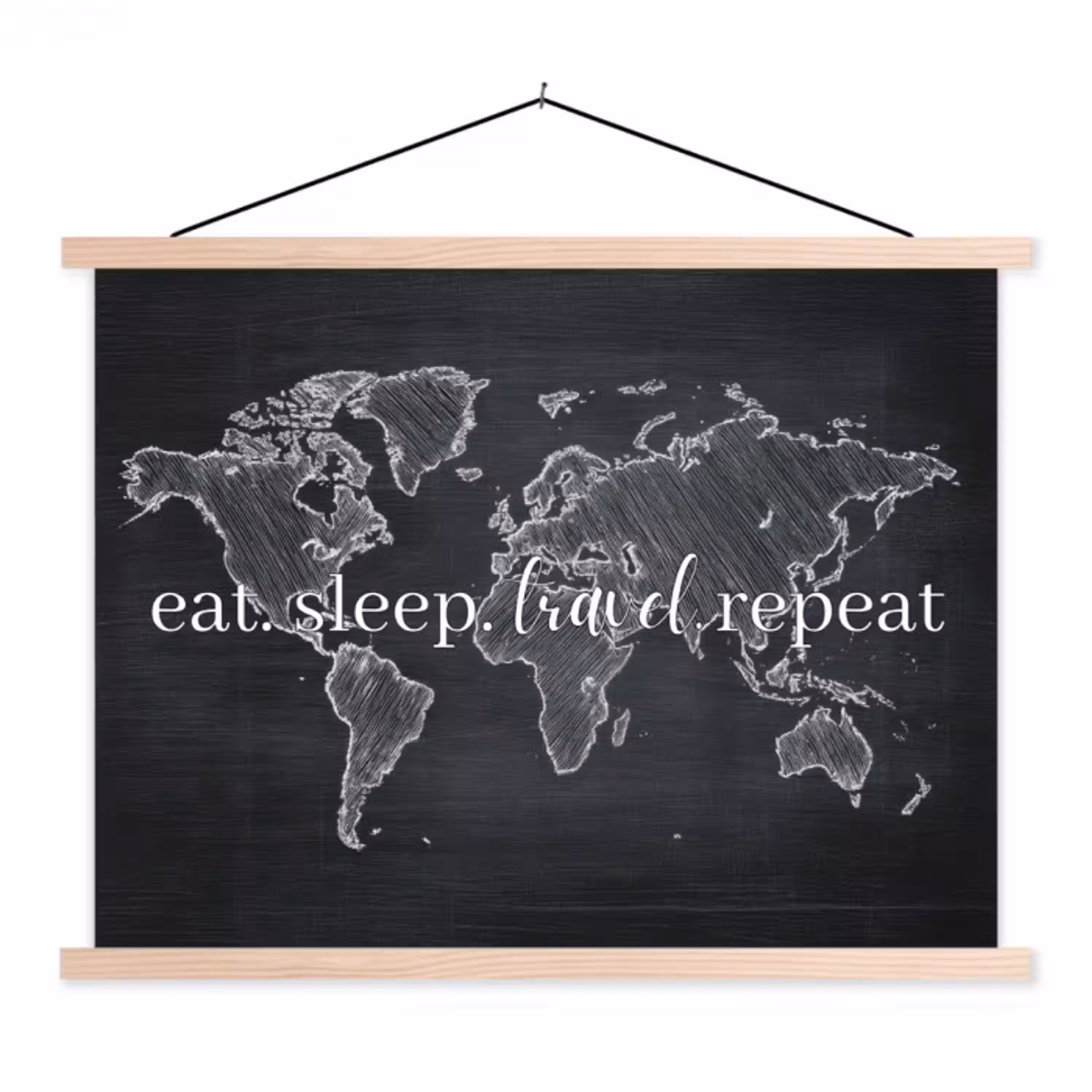 Krijt - Zwart - Quote - Wereldkaart textielposter latten blank klein -3d