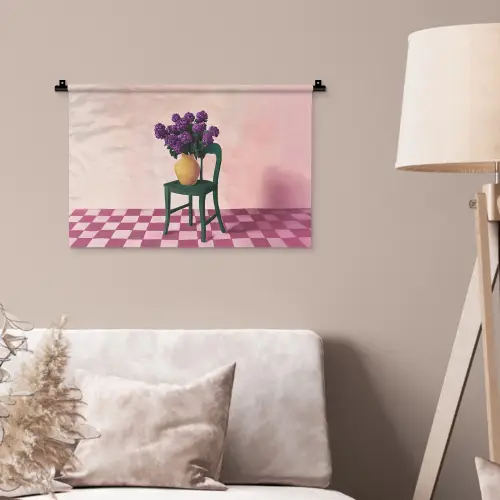 Stoel - Vaas - Bloemen - Geblokt Wandkleed katoen klein -sfeer4
