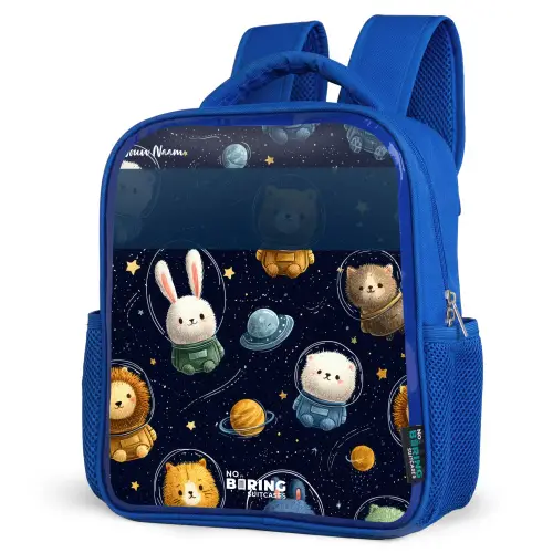 Dieren - Astronaut - Planeten - Sterren Kinderrugzak - Blauw middel -schuin