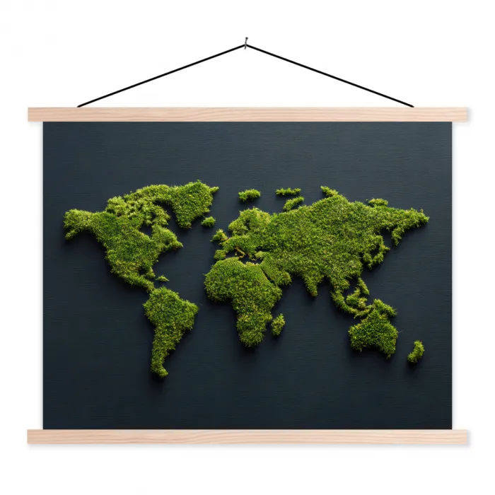 Wereldkaart - Mos -Levendig effect textielposter latten blank klein -3d