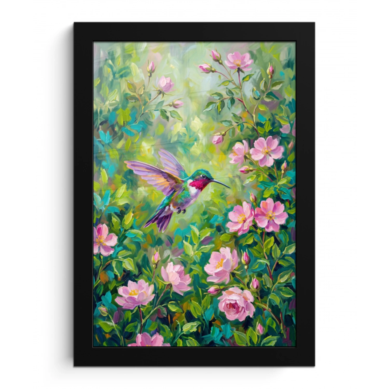 Kolibrie - Bloemen - Natuur - Kleurrijk fotolijst zwart zonder passe partout klein -3d