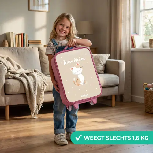 Kat omringd door beige stippen Kinderkoffer - Roze klein -sfeer2_NL