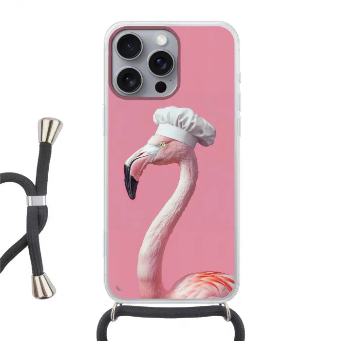 Flamingo - Roze - Koksmuts - Vogel Hoesje iPhone 16 Pro Max met koord klein -3d