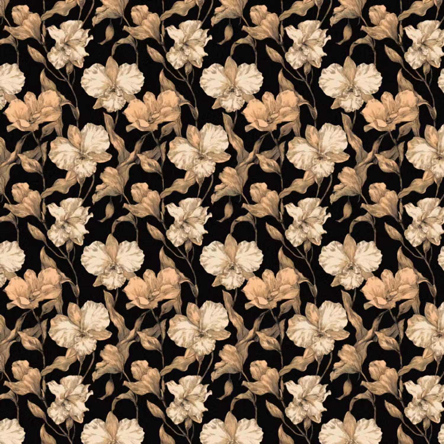 Behang - Orchideeën - Lijntekening - Patroon - Beige - Zwart