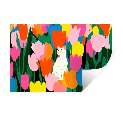 Tulpen - Kat - Kleurrijk Muursticker klein -3d