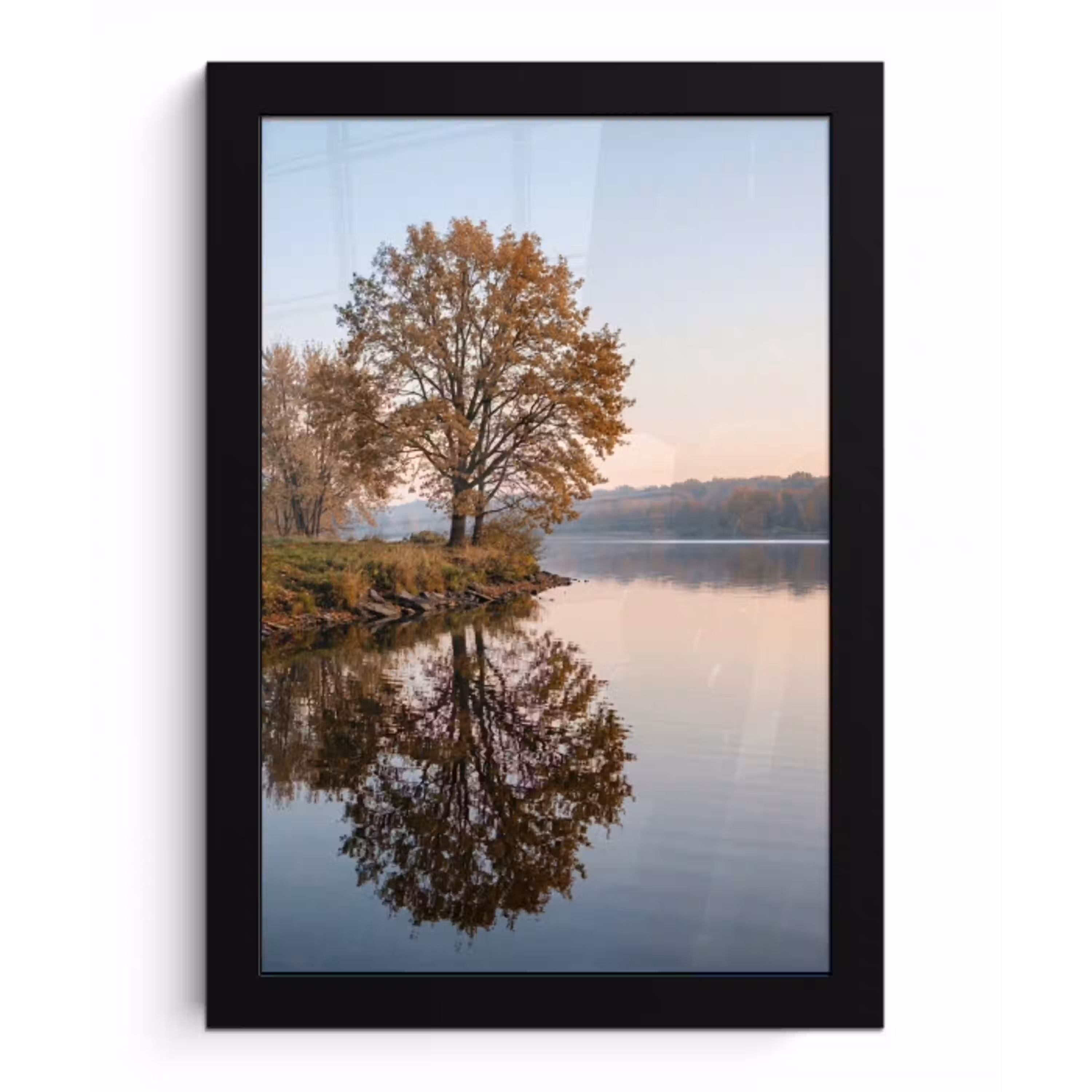 Bomen - Reflectie - Water - Zonsopgang - Serene fotolijst zwart zonder passe partout klein -3d