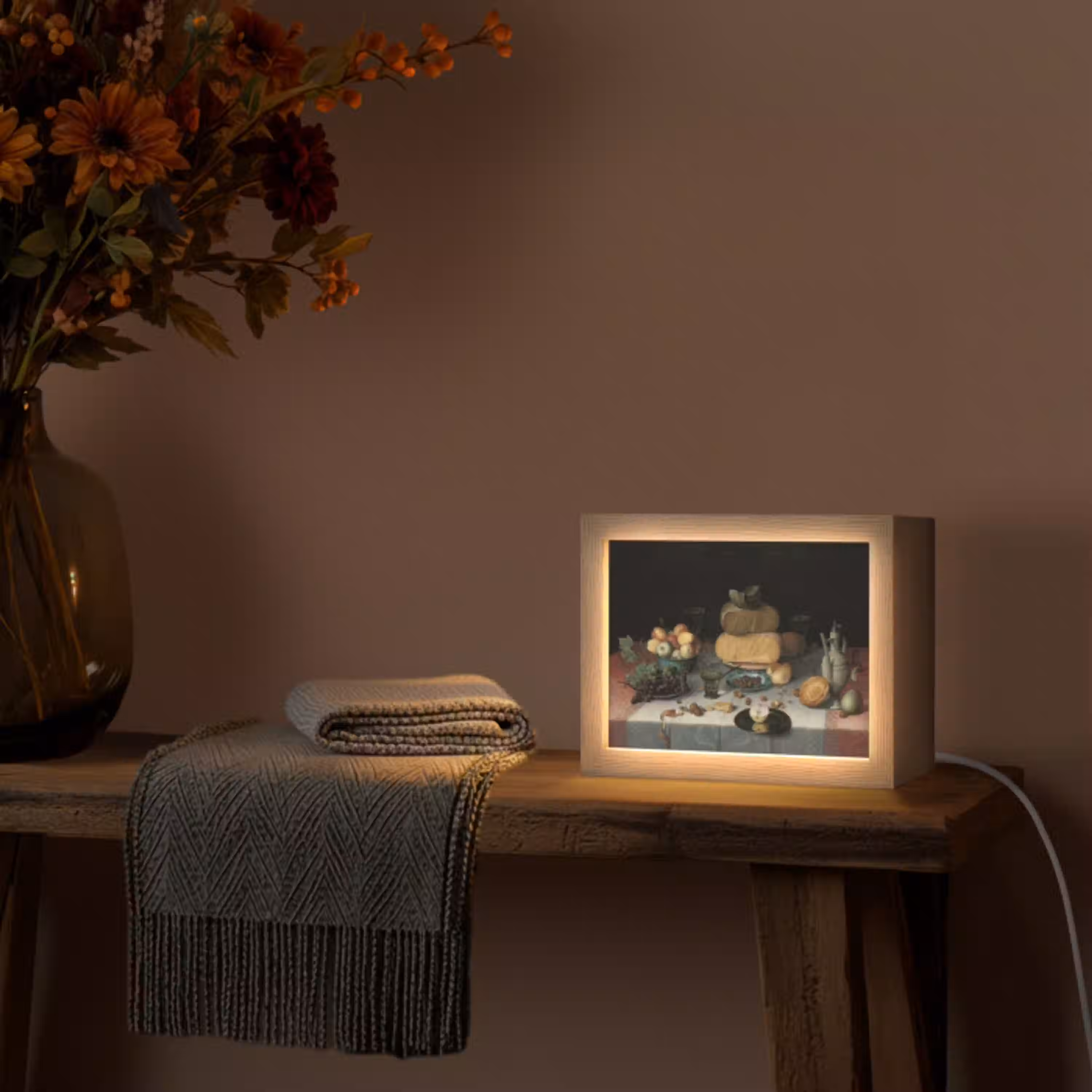 Stilleven met kazen - Kunstwerk - Oude meesters Light Box met kabel (Tafellamp) klein -sfeer4