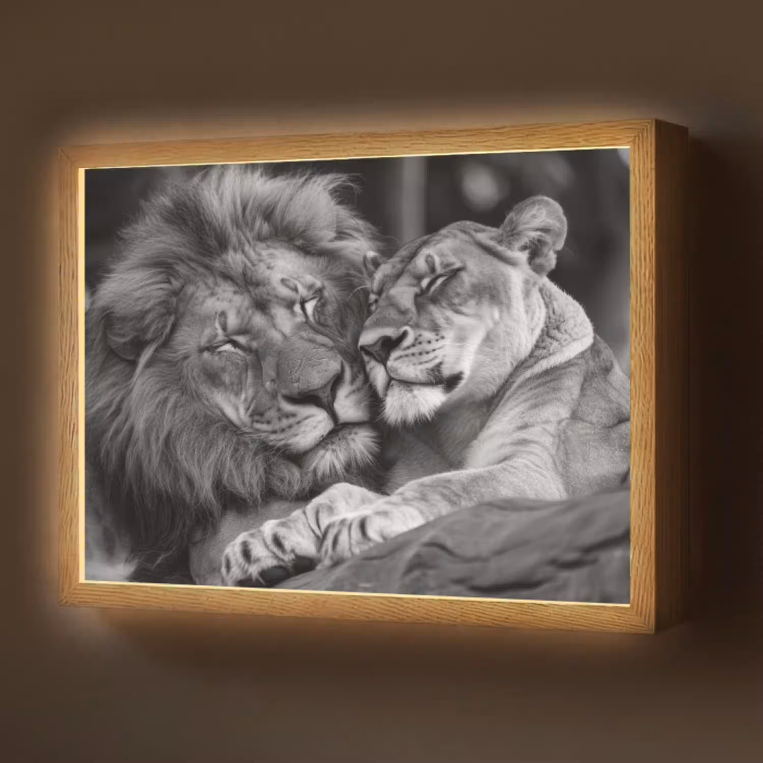 Leeuwen - Dieren - Zwart - Wit - Leeuw Light Box met batterij (Wandlamp) middel -z3d_website