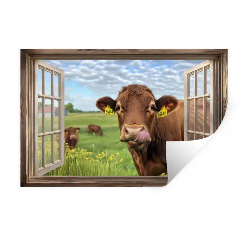 Doorkijk - Koe - Weiland - Landschap - Dieren Muursticker klein -3d