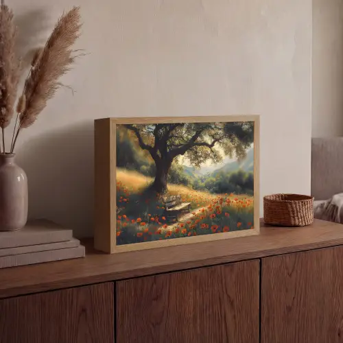 Bankje - Boom - Klaprozen - Heuvels Light Box met batterij (Wandlamp) middel -sfeer2