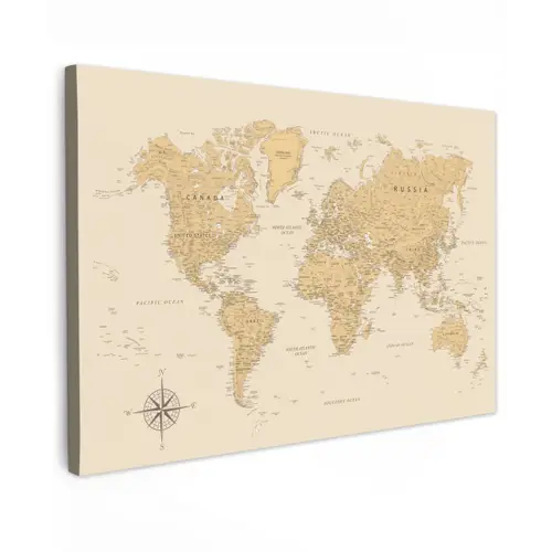 Wereldkaart - Realistisch - Beige Tuinposter op houten frame 2 cm dik klein -3d