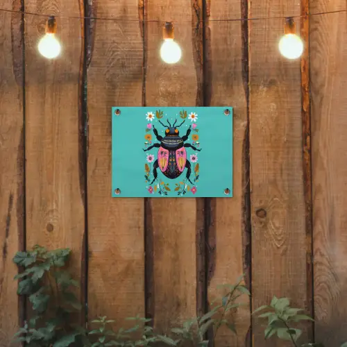 Kever - Bloemmotieven - Turquoise - Bladeren tuinposter los doek klein -sfeer1