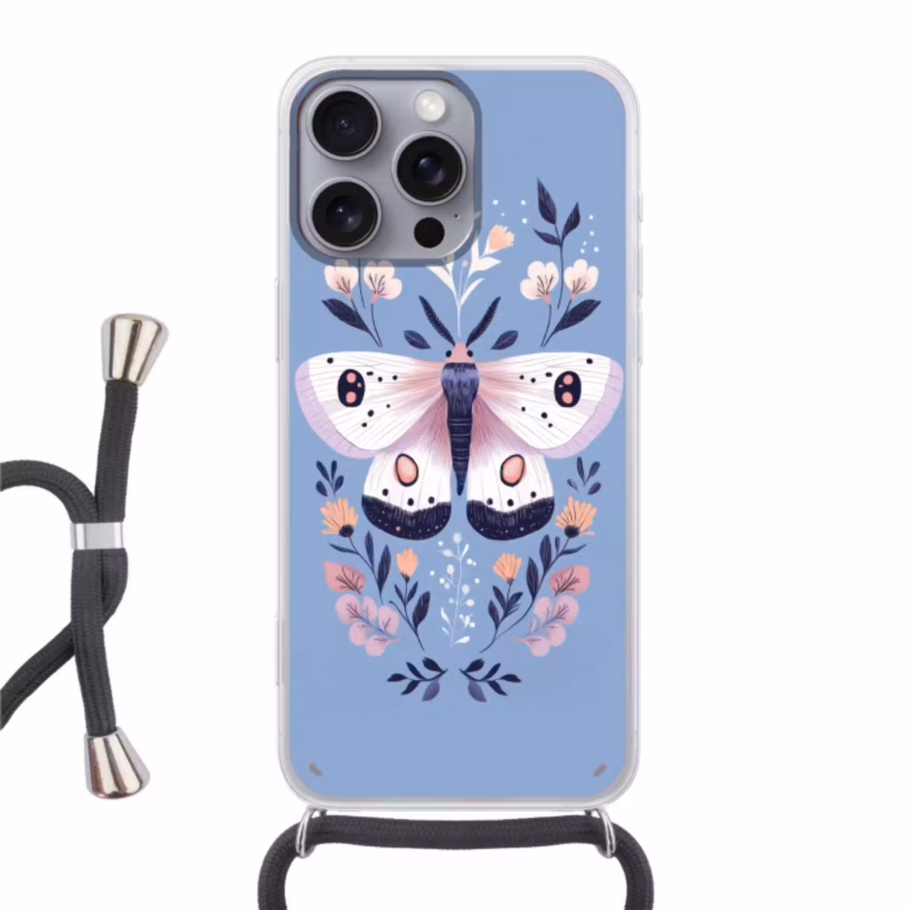 Vlinder - Vleugels - Stippen - Bloemen Hoesje iPhone 16 Pro Max met koord klein -3d
