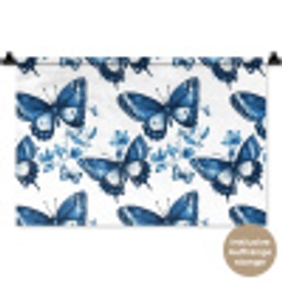 Blauw - Vlinders - Bloemen - Wit Wandkleed katoen klein 269 -t3d_DE