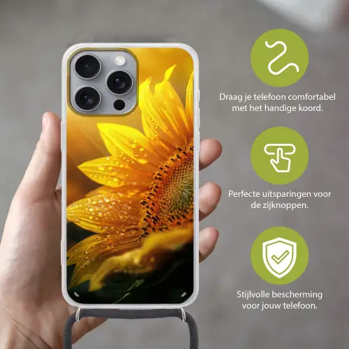 Zonnebloem - Dauwdruppels - Geel - Zonlicht Hoesje iPhone 16 Pro Max met koord klein -sfeer2_NL