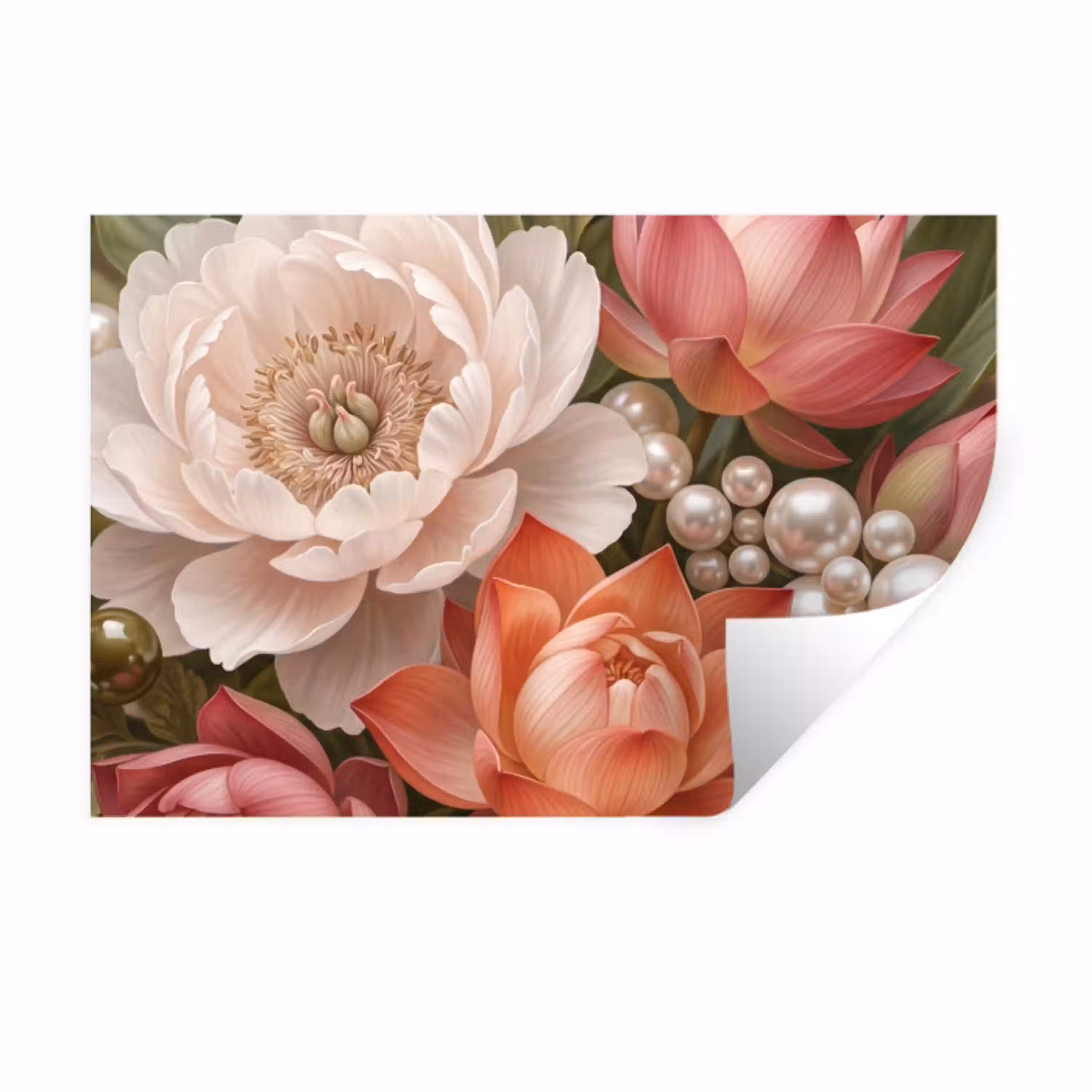 Bloemen - Parels - Elegant - Roze - Wit Muursticker klein -3d