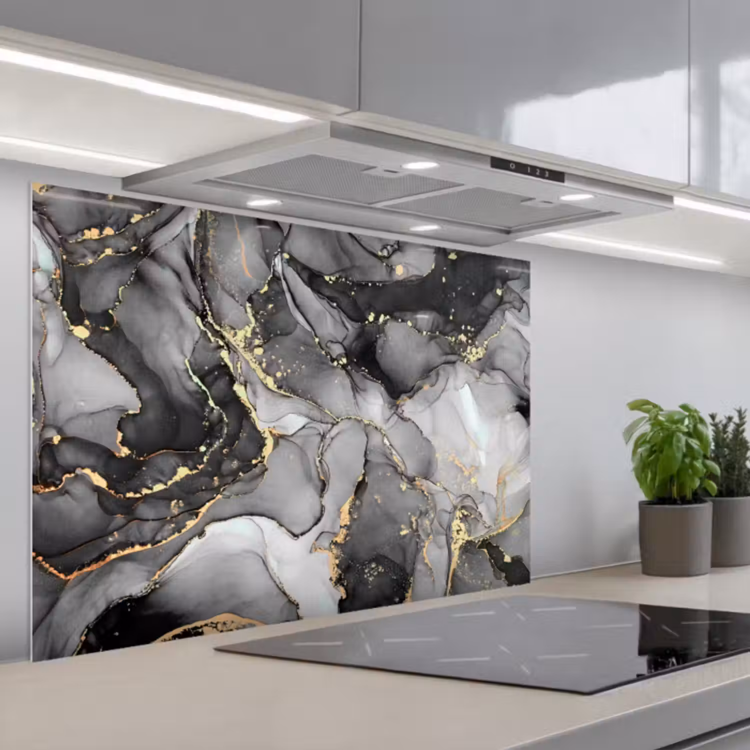 Spatscherm keuken - Marmer - Zwart - Goud - Grijs
