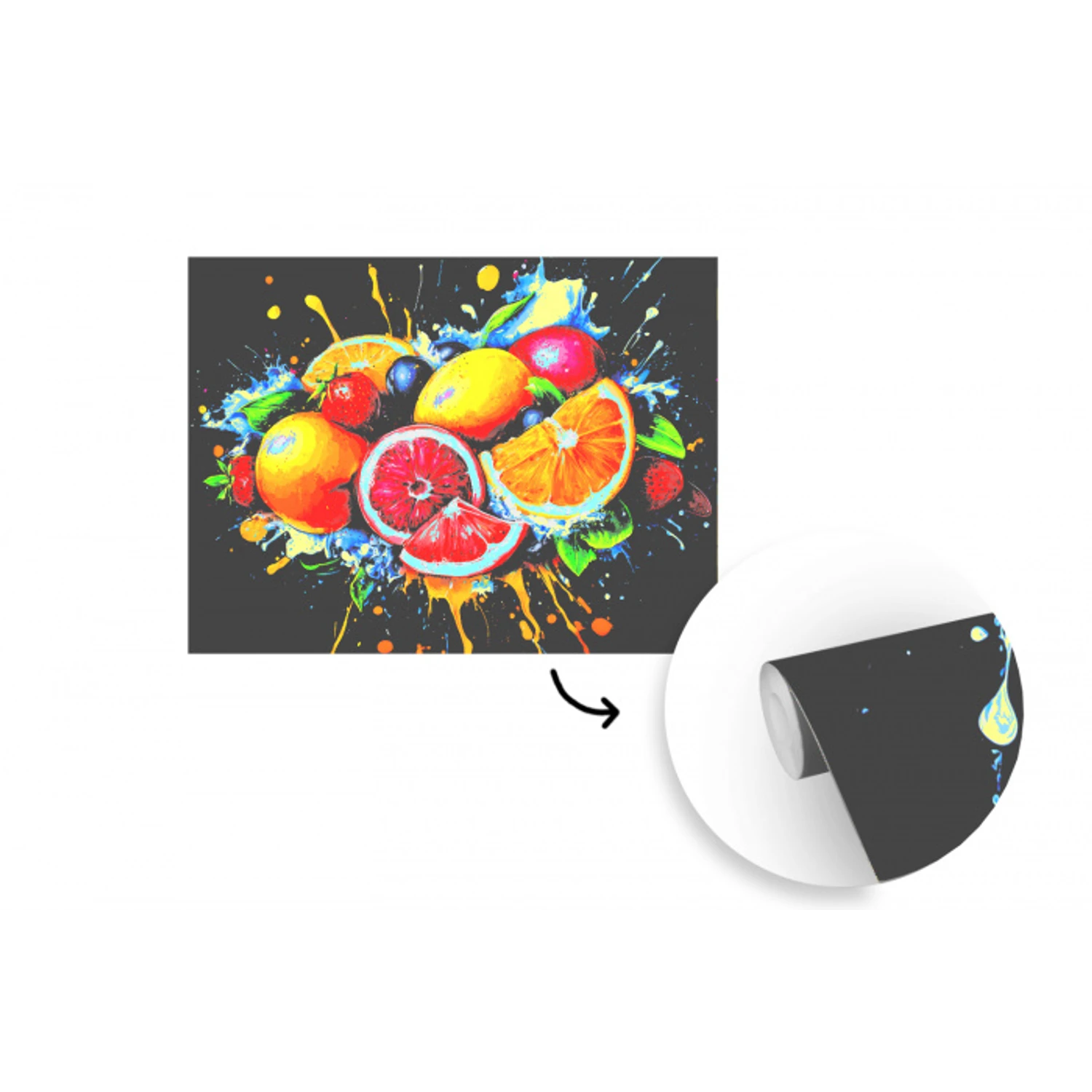 Fruit - Graffiti - Kleurrijk - Sinaasappel - Aardbei - Abstract fotobehang vinyl groot -3d