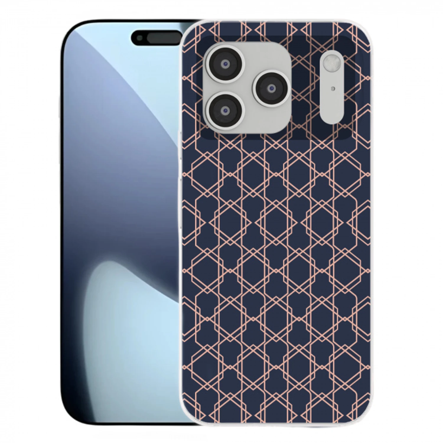 Modern - Patroon - Donkerblauw - Roze Telefoonhoesje iPhone 17 Pro klein 878 -3d