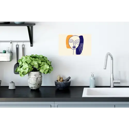 Minimalistisch - Gezicht - Hand - Oranje - Blauw Muursticker klein -keuken